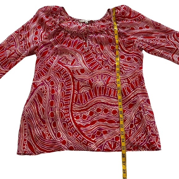 Trina Turk Silk Blend Printed Peasant Blouse keyhole neck relaxed semi sheer M - Picture 10 of 15